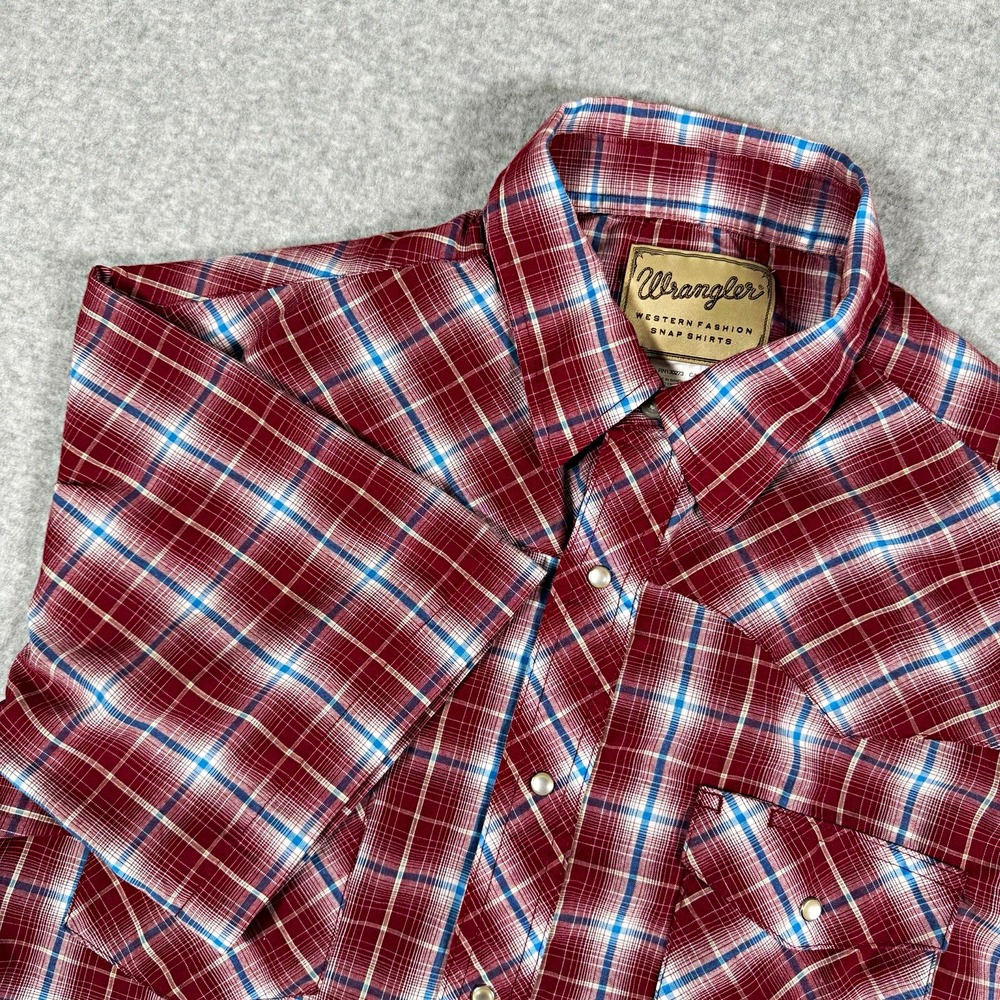 Wrangler Mens XL Red Blue White Plaid Western Snap Button Up Shirt WM187BY